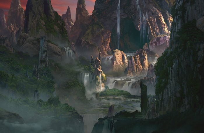 4K landscape with waterfalls and rocky mountains