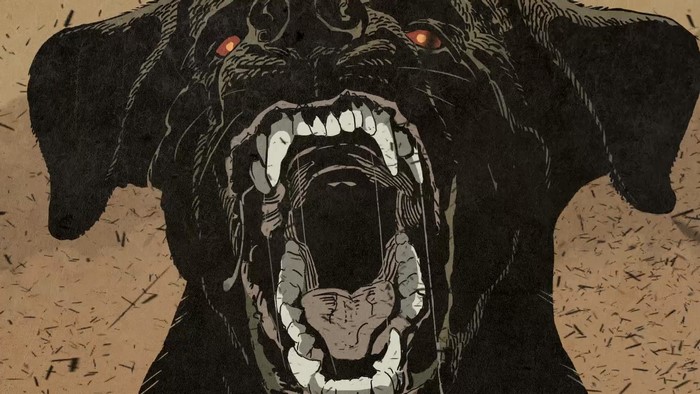 Angry black dog with red eyes and fangs
