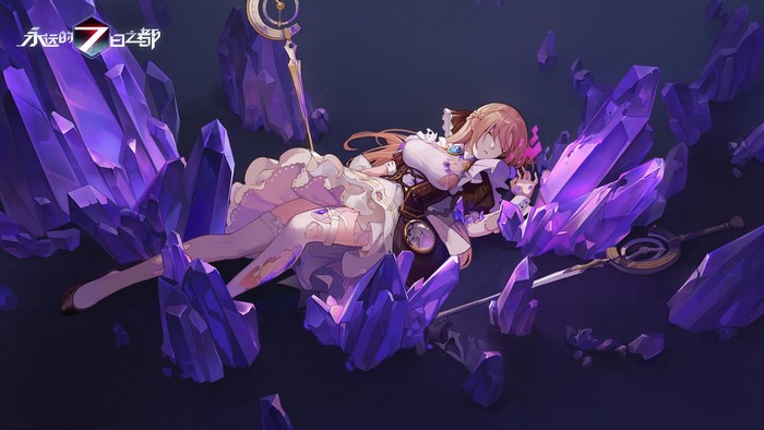 Anime girl sleeping among purple crystals