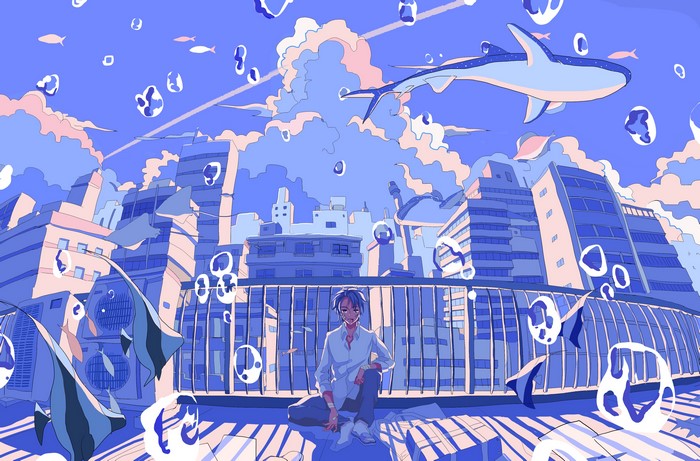 Anime boy on rooftop with city and whale shark