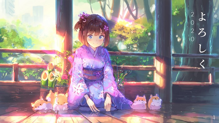 Anime girl in kimono with hamsters