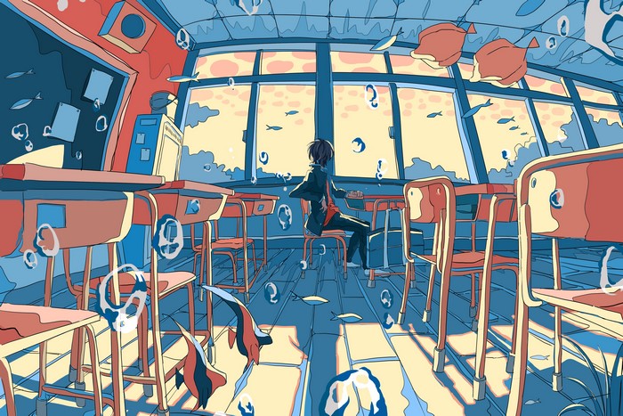 Anime classroom flooded with fish and clouds