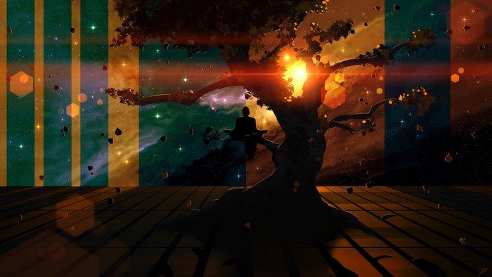 Person meditating under a tree in space art