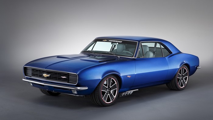 Blue Chevrolet Camaro with Performance Banner