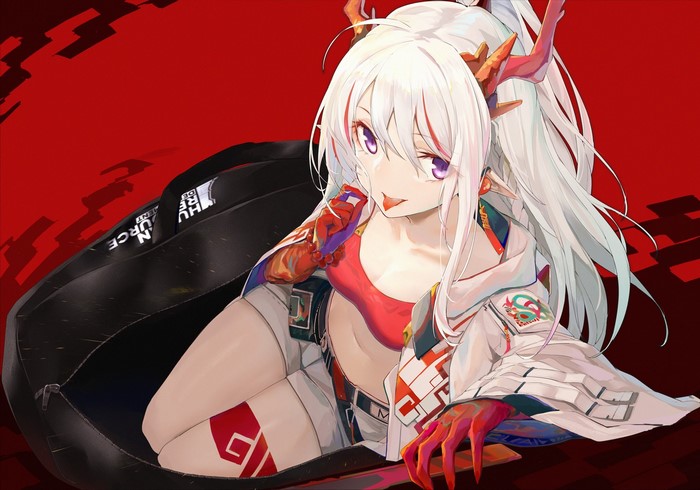 Nian from Arknights with white hair and purple eyes