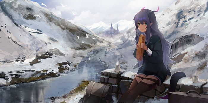 Anime girl with horns eating bread in snowy mountains