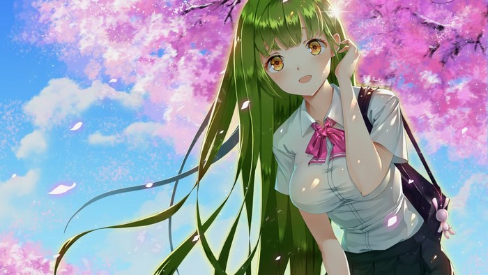 Anime girl with green hair under cherry blossoms