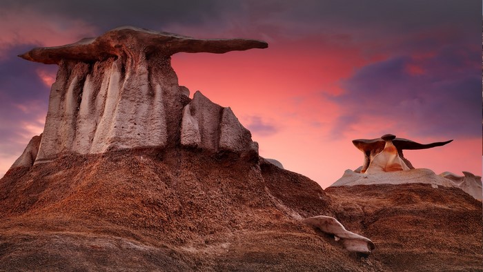 Rock formations in New Mexico at sunset