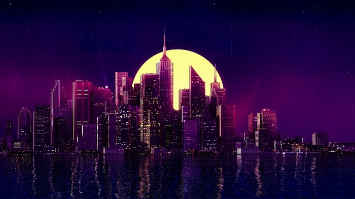 Neon city skyline at night with a large moon