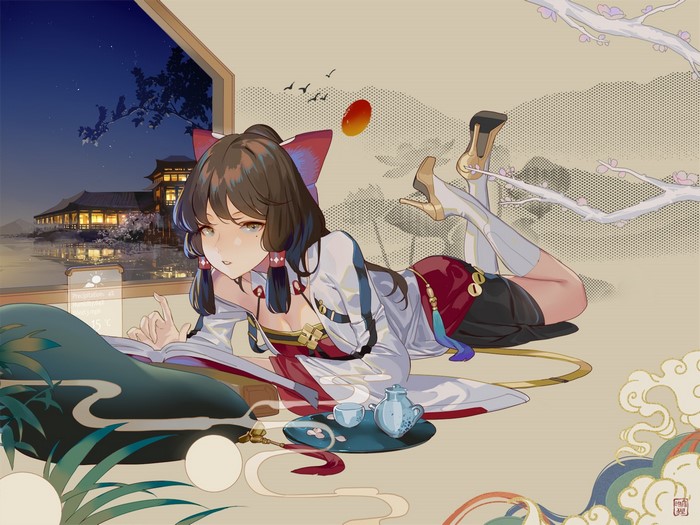Anime girl with cat ears lying down with tea set