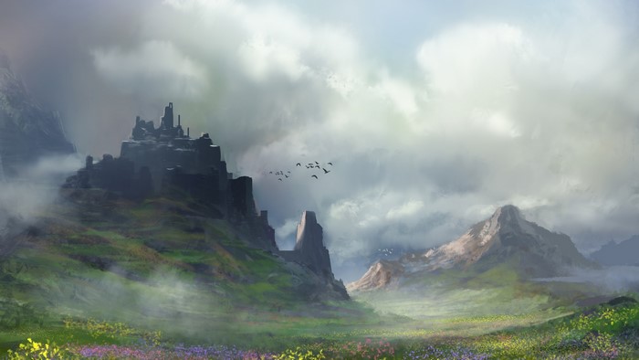 Ruined castle on a misty mountain landscape with flowers and birds