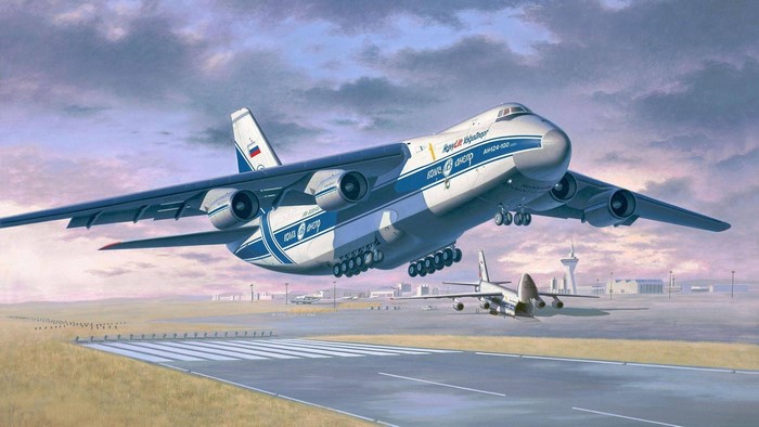 Antonov An-124 taking off from an airport runway