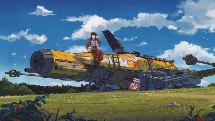 Anime girl and BB-8 on a spaceship in a field
