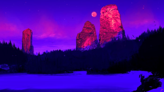 Fantasy landscape with rock formations and a moon