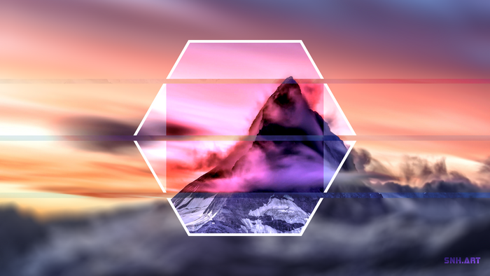 Hexagon frame over a mountain at sunset