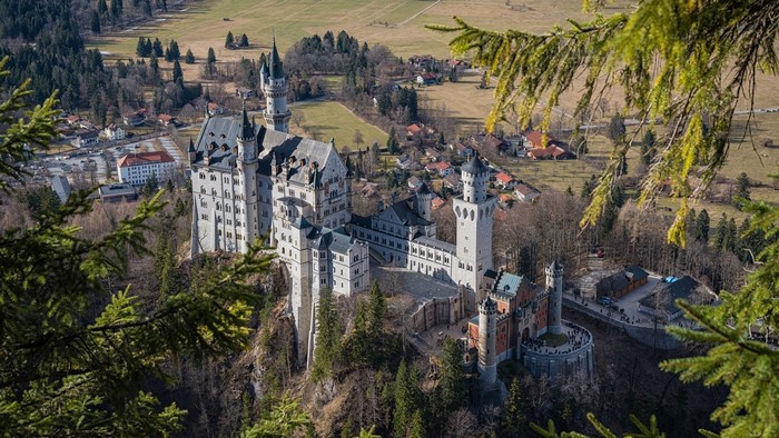 Neuschwanstein Castle in Bavaria, Germany, aerial view
