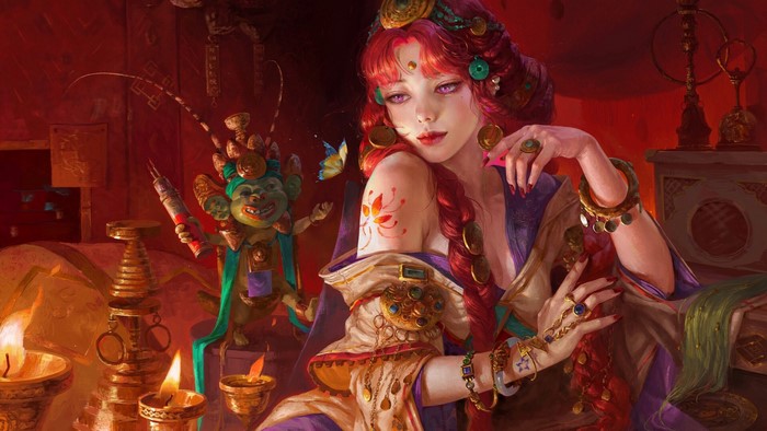 Woman with red hair and a puppet