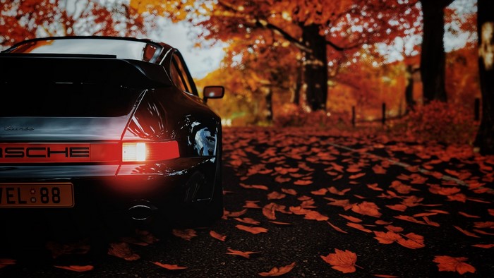 Black Porsche 911 Turbo on a Fall Road