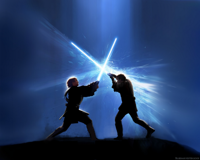 Anakin Skywalker and Obi-Wan Kenobi duel with lightsabers