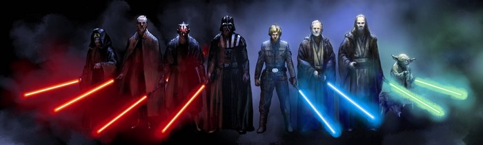 Star Wars collage of Jedi and Sith with lightsabers