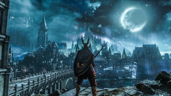 Dark Souls 3 Knight overlooking a city at night