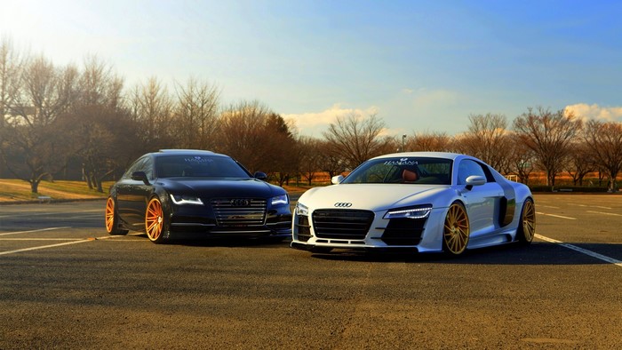 Two Audi cars, one black and one white, parked on asphalt