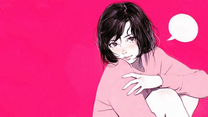 Anime girl with short black hair and pink sweater