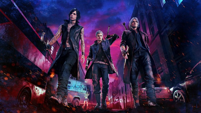 Devil May Cry 5 characters in a city at night