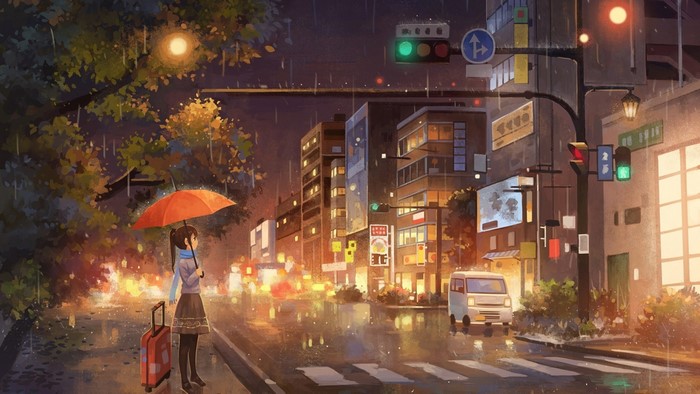 Anime girl with umbrella and suitcase in the rain