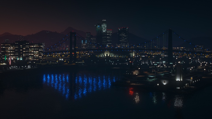 Los Santos cityscape with bridge and water at night