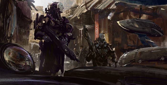 Futuristic soldiers in a sci-fi marketplace