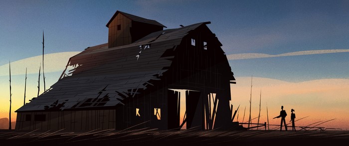 Joel and Ellie from The Last of Us near a dilapidated barn