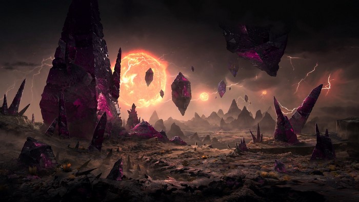 Apocalyptic planet with floating crystals and lightning
