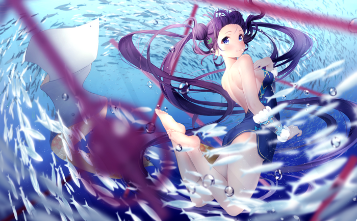 Anime girl with purple hair underwater with fish