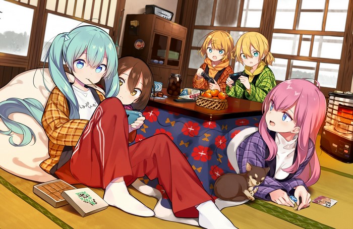 Anime girls playing video games indoors
