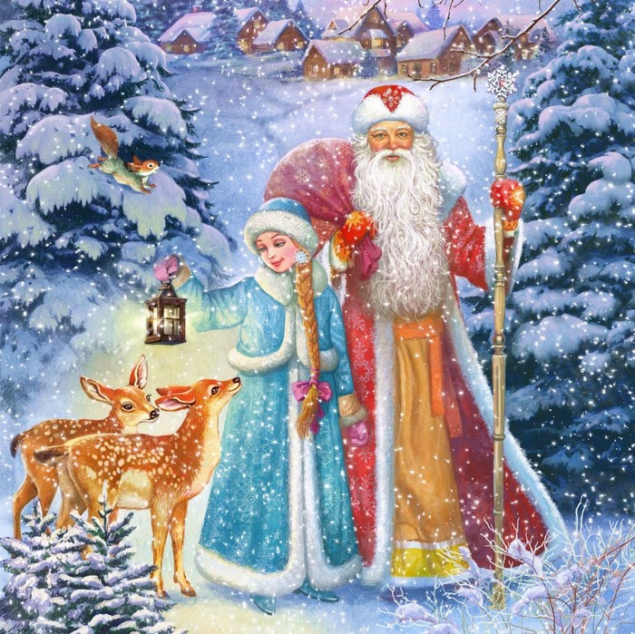 Artwork of Santa Claus and Snegurochka in a snowy village