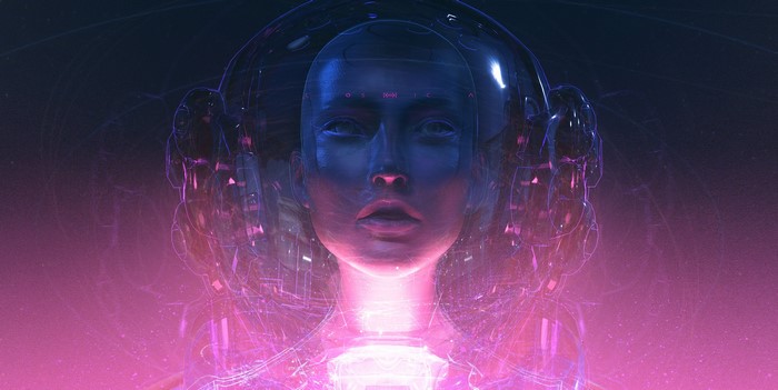 Holographic android head with pink and blue light