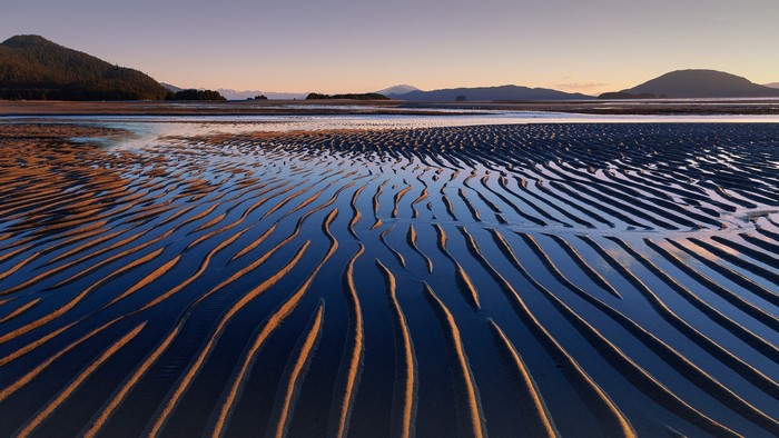 Sand ripples at sunset with mountains and forest