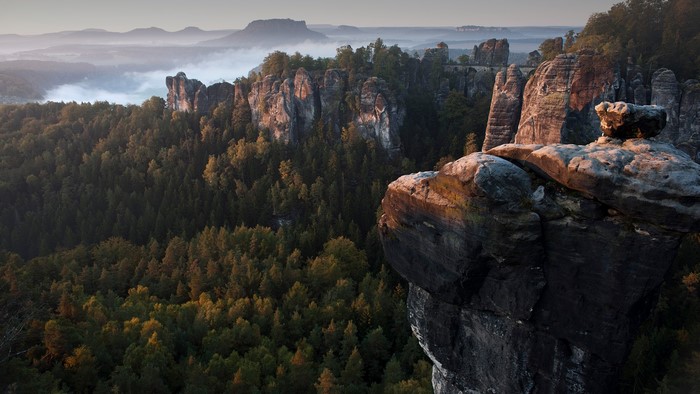 Elbe Sandstone Mountains at Sunrise with Mist