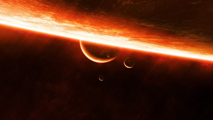 Planets and moons in a fiery galaxy