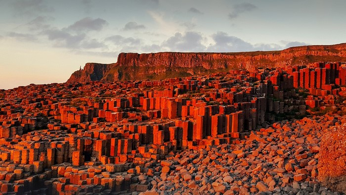 Basalt columns at Giant's Causeway, Northern Ireland during sunset