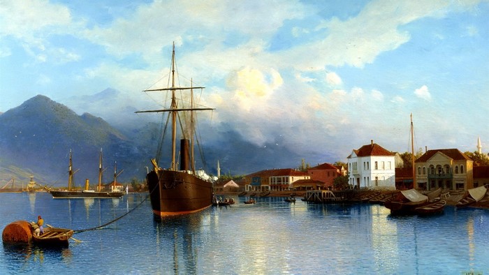 Painting of ships and buildings in a harbor with mountains