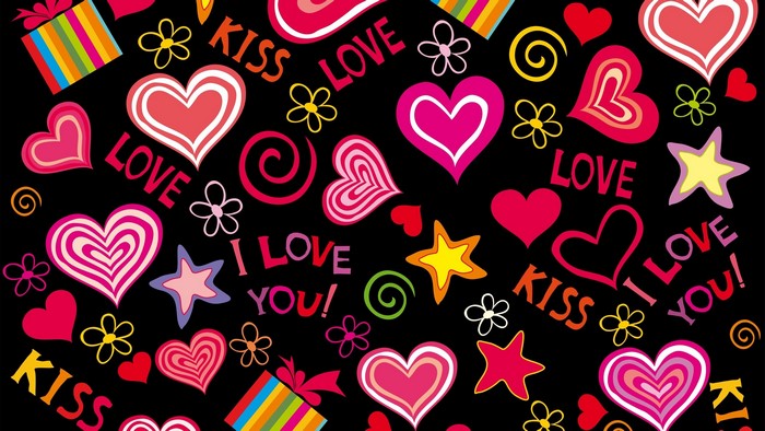 Colorful hearts, stars, and text on black background