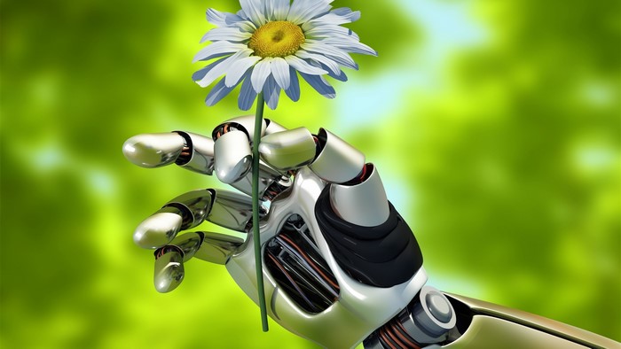 Robot holding a chamomile flower