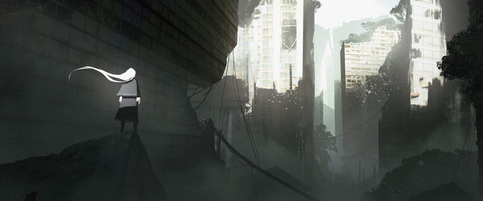 Anime girl in ruined city