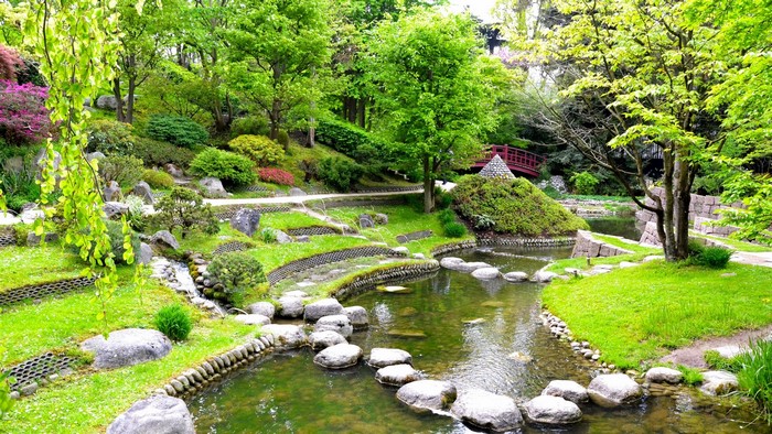 Japanese garden with a stream and lush greenery