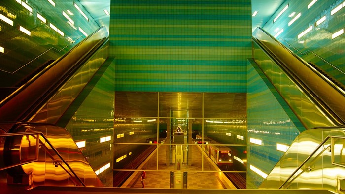 Hamburg Metro Station with Escalators and Train