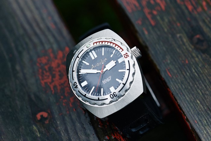 Vostok Amphibia 1967 watch on wooden surface