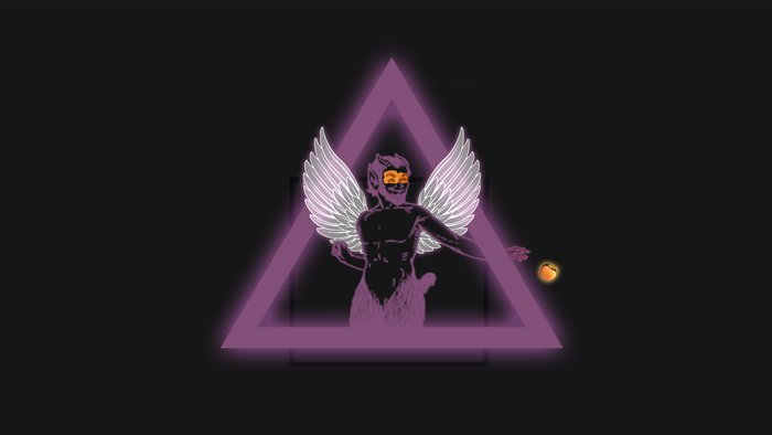 Winged devil figure within a neon triangle