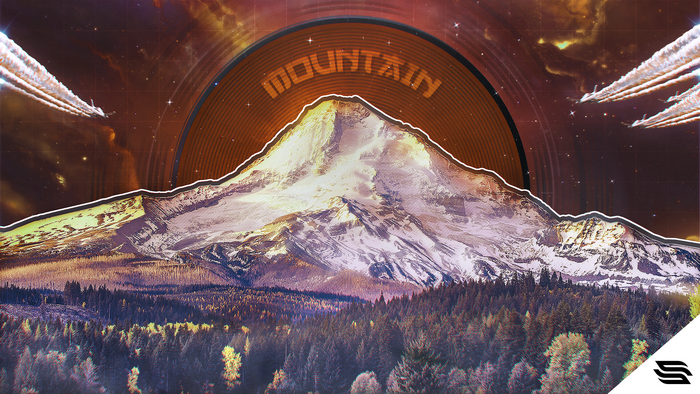 Mountain landscape with vinyl record and airplanes